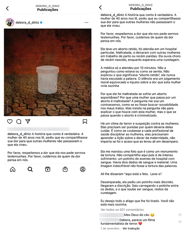 Capturas de telas do Instagram de Débora Diniz (2022).